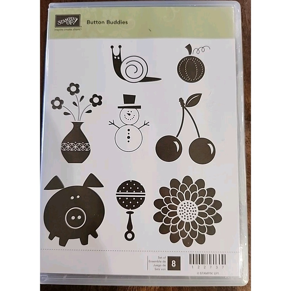 Stampin Up Button Buddies Clear Mount Rubber Stamp Set 122737 8 Pieces Flower